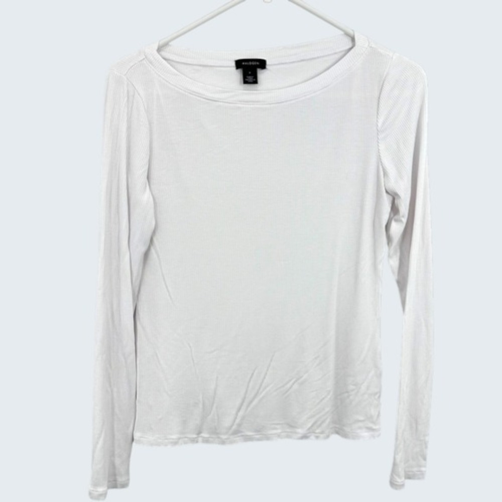 Halogen Women's‎ White Long Sleeve Ribbed Knit Top Round Neck Basic Casual Tee